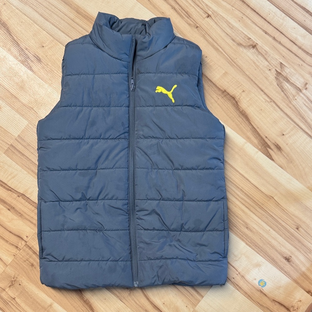 Puma Kids Gray Quilted Vest with Yellow Logo